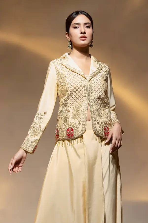 Beaded collar top with dabka dori work on beige crape fabric