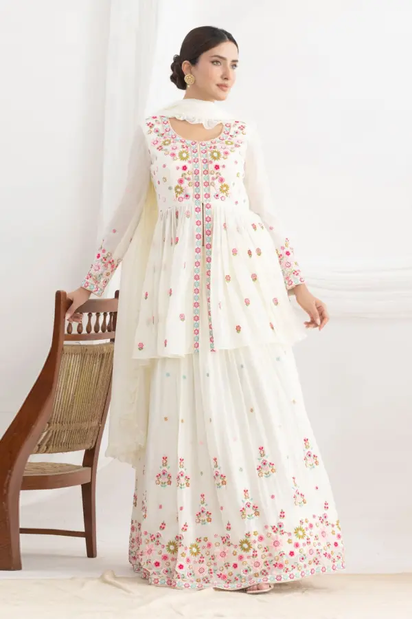 White lehenga choli for women in georgette with floral silk work by Khaish