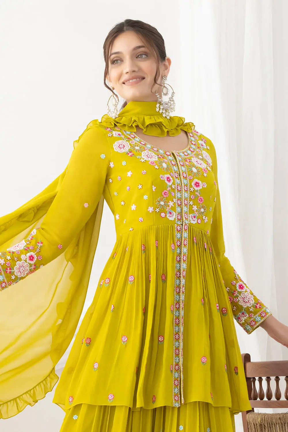 Premium georgette dupatta with four side frill work in mustard