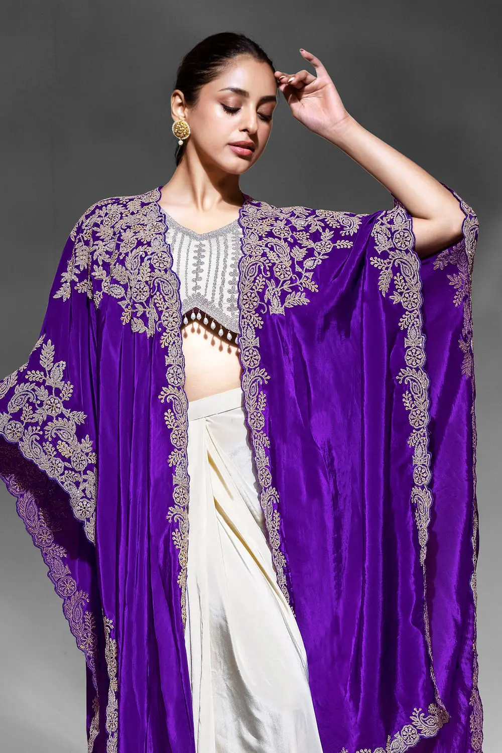 Purple cowl dhoti skirt on premium crepe with draped folds