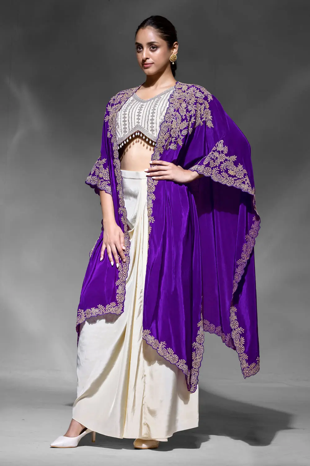 Purple Crepe Indo Western Dhoti Skirt Set with Embroidered Shrug Dupatta and Cowl Skirt