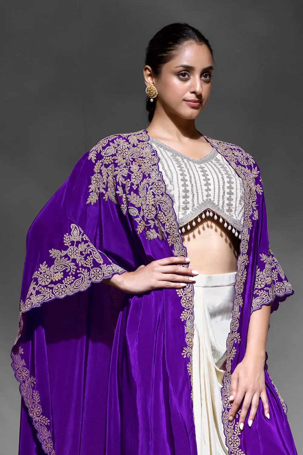 Embroidered crepe shrug dupatta with handwork on purple indo western set