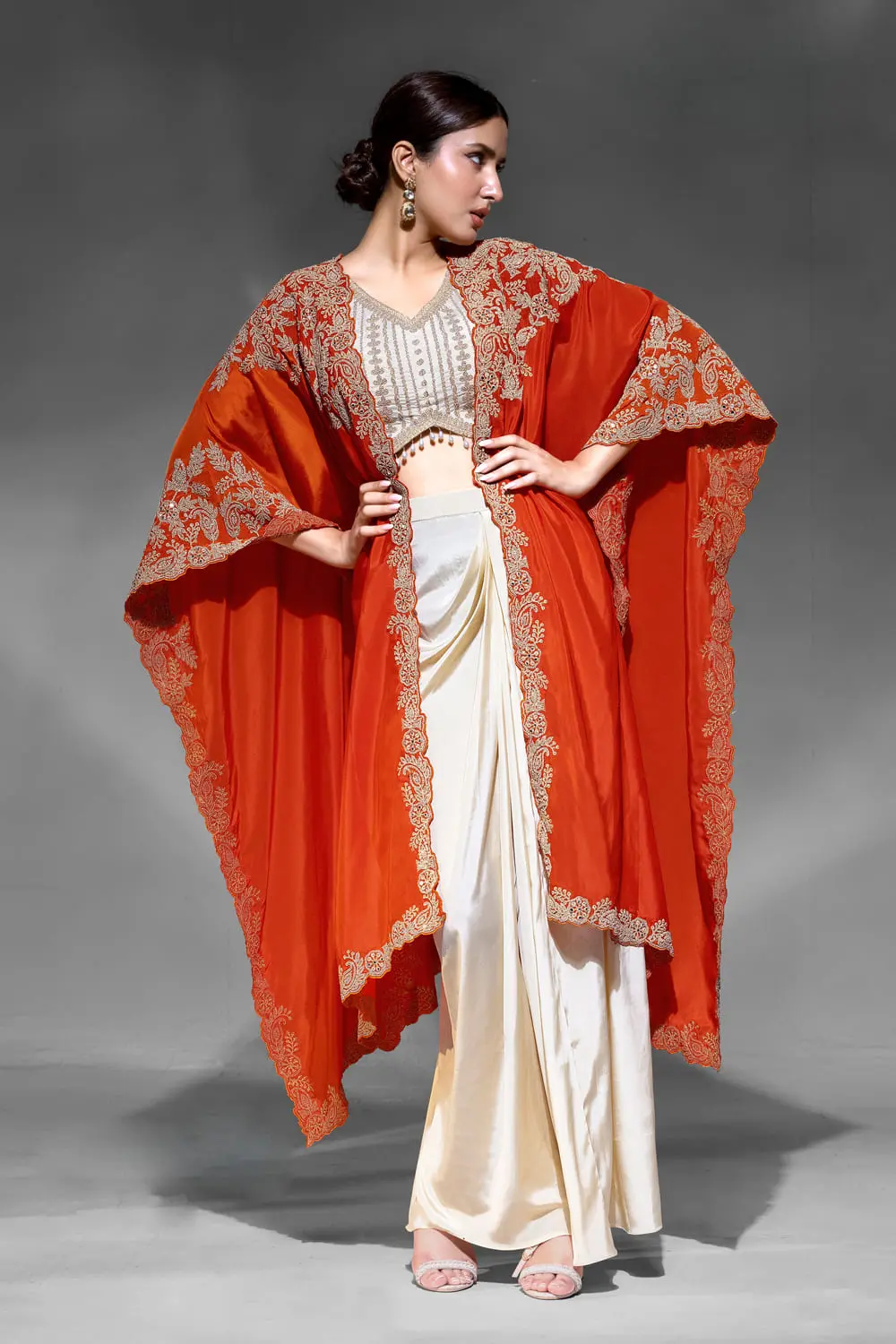 Orange Crepe Indo Western Dhoti Skirt Set with Embroidered Shrug Dupatta and Cowl Skirt