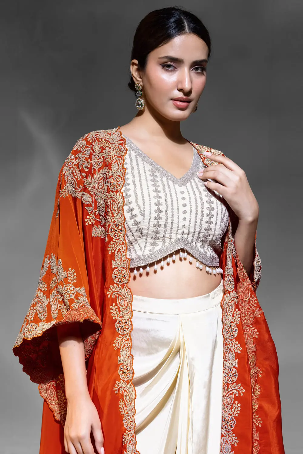 Embroidered crepe shrug dupatta with handwork on orange indo western set