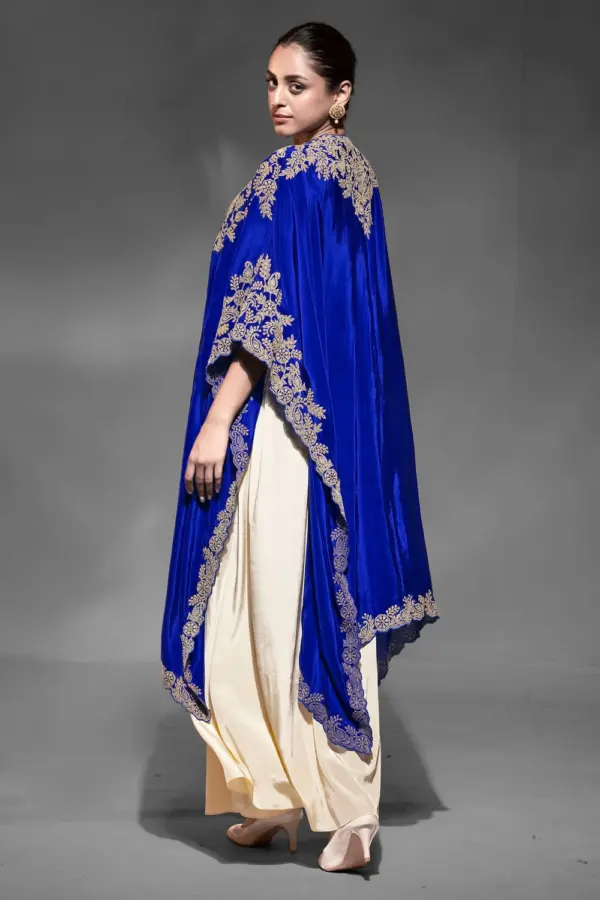 Embroidered crepe shrug dupatta with handwork on blue indo western set