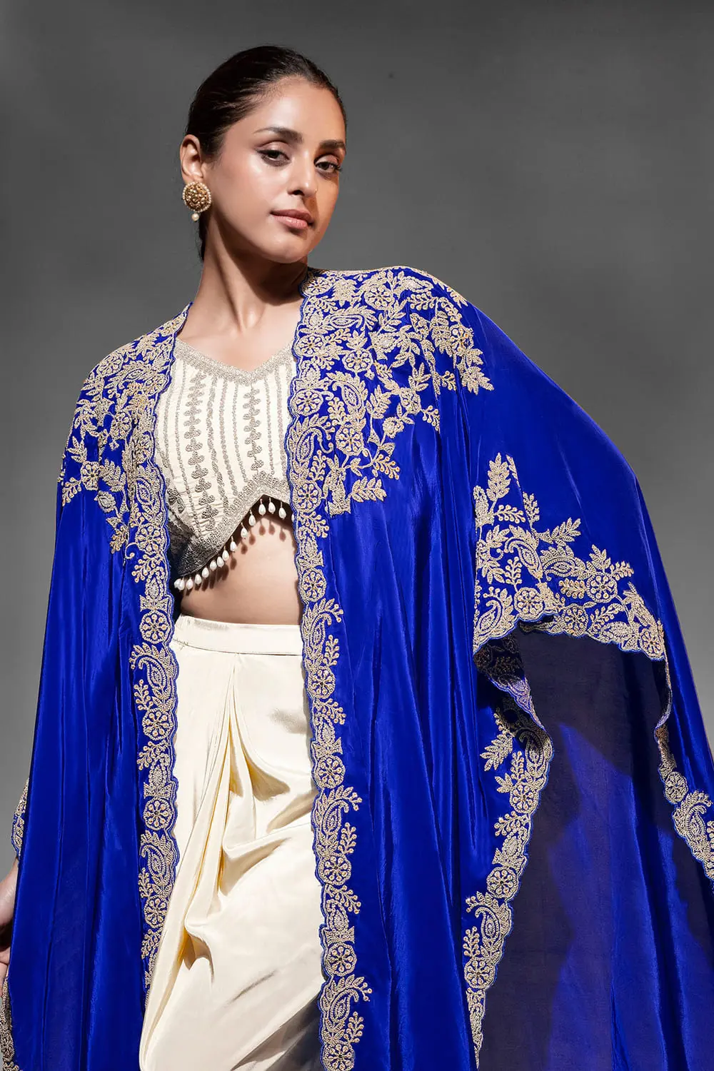 Blue cowl dhoti skirt on premium crepe with draped folds