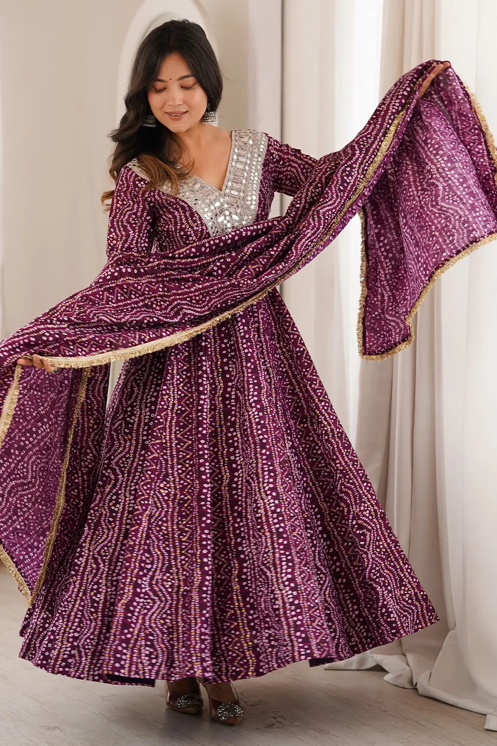 Purple anarkali gown with pant in rayon with mirror embroidery by Khaish