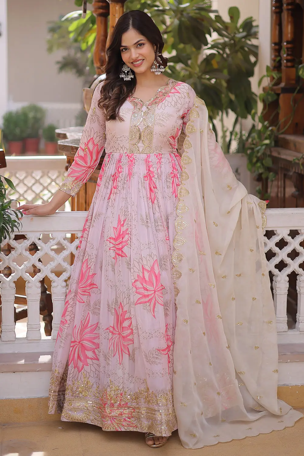 Floral anarkali gown for party in ivory digital printed silk by Khaish