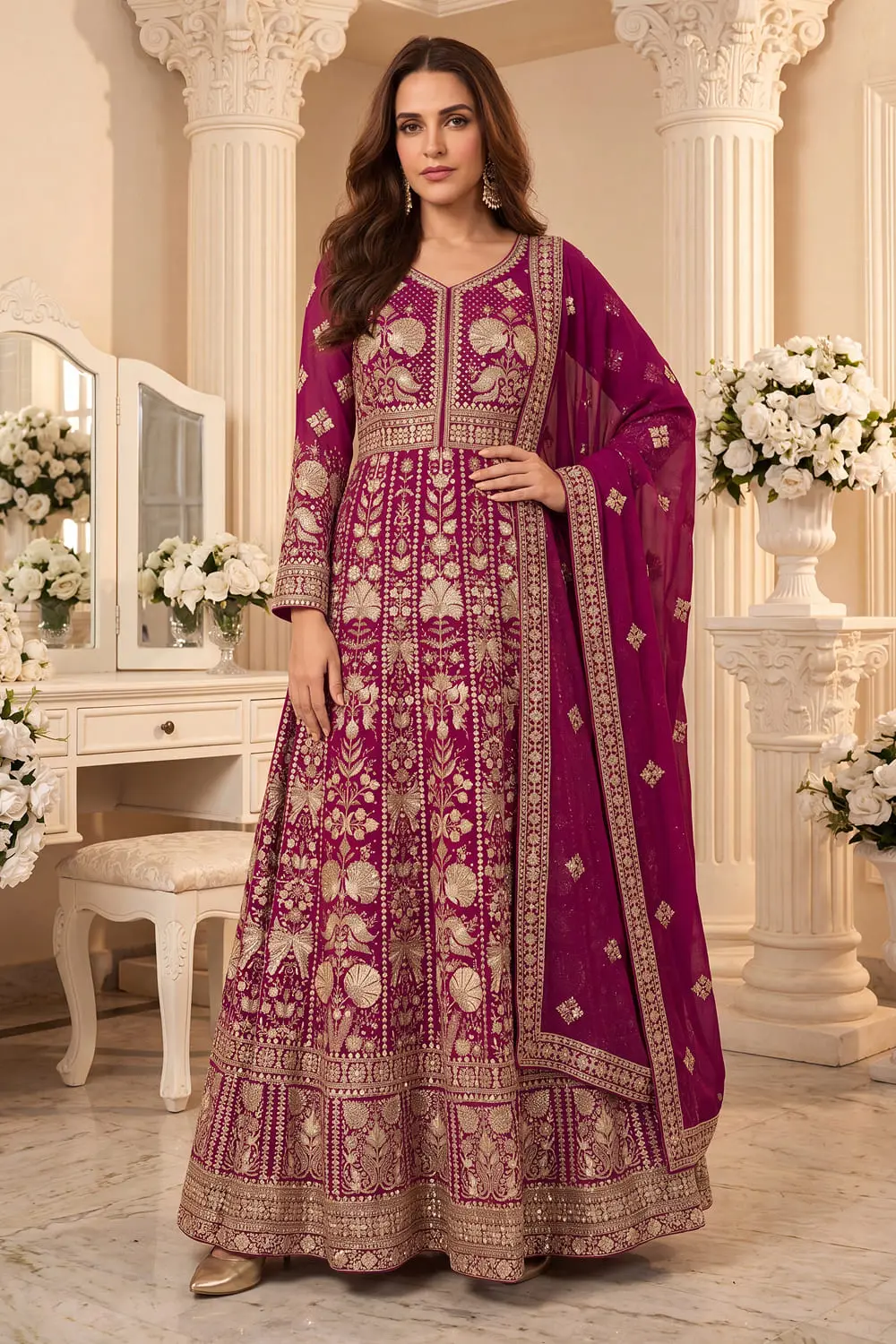 Pink georgette anarkali gown for party with front embroidery by Khaish