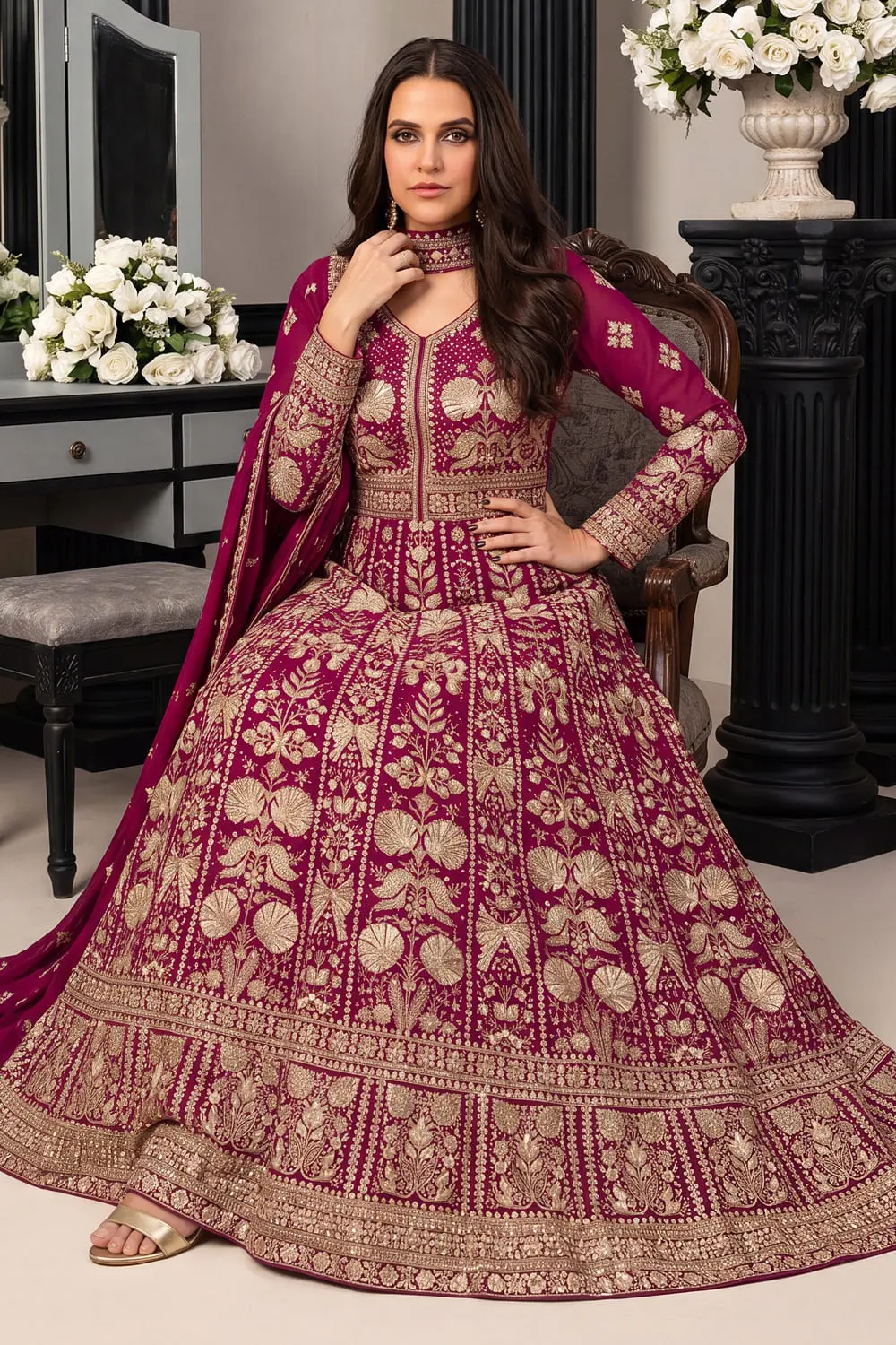 Pink georgette anarkali gown with chinon dupatta seated view