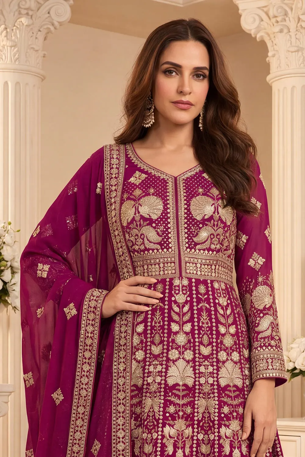 Close up of premium embroidery on pink georgette anarkali gown
