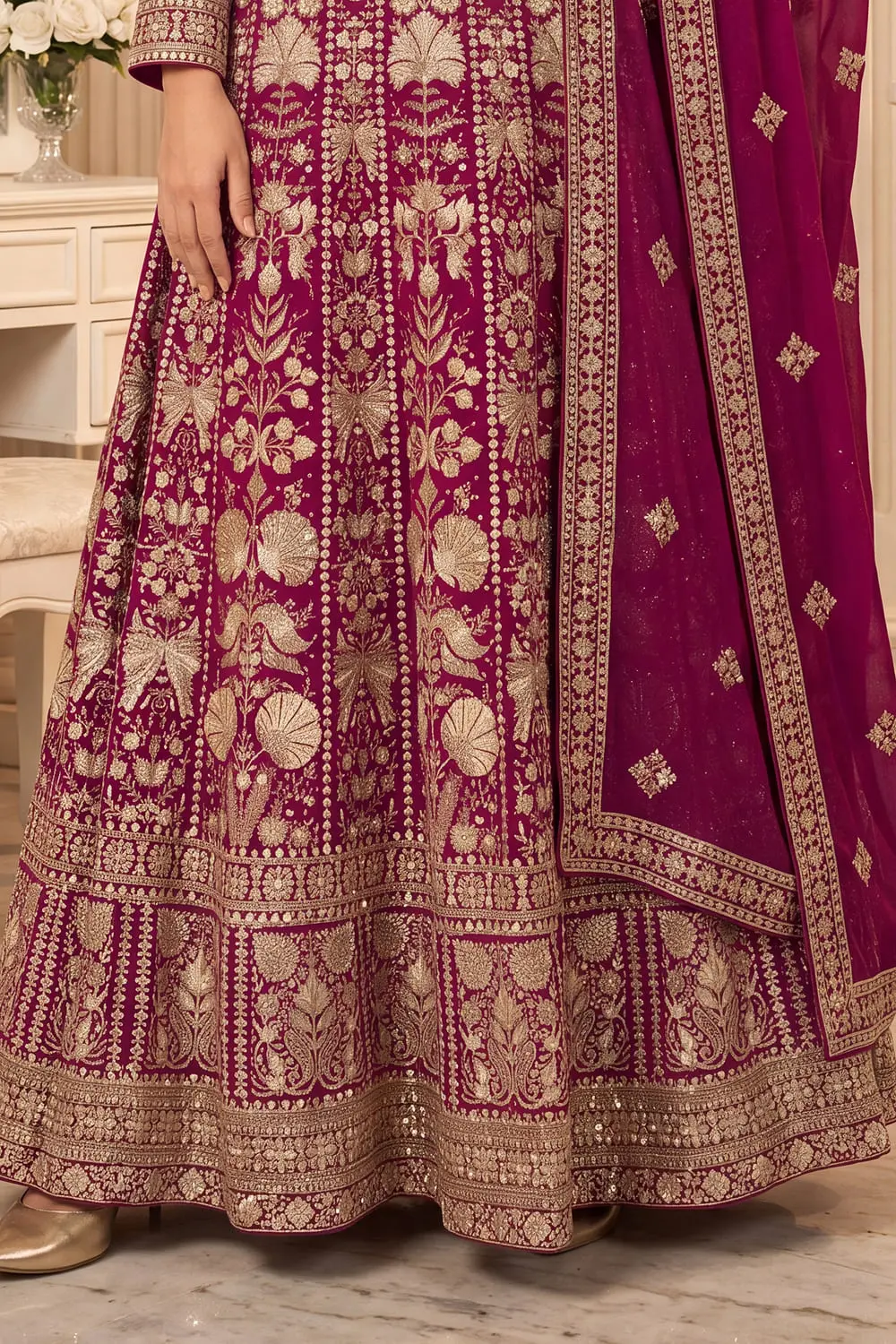 Pink anarkali gown skirt hem with georgette flare and embroidery