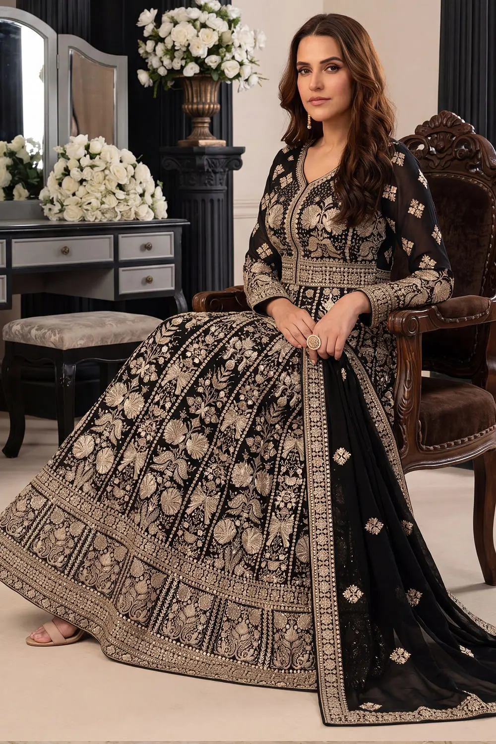 Close up of premium embroidery on black georgette anarkali gown