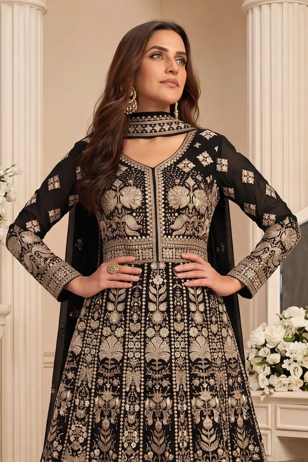 Black georgette anarkali gown with chinon dupatta seated view