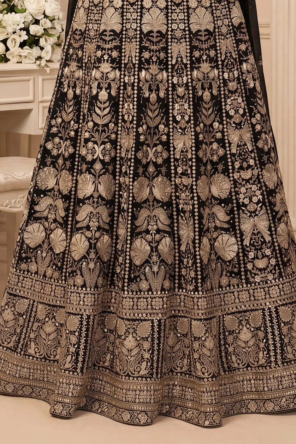 Black anarkali gown skirt hem with georgette flare and embroidery