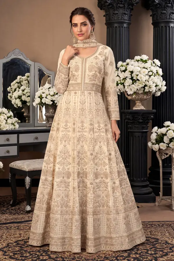 Beige georgette anarkali gown for wedding with front embroidery by Khaish