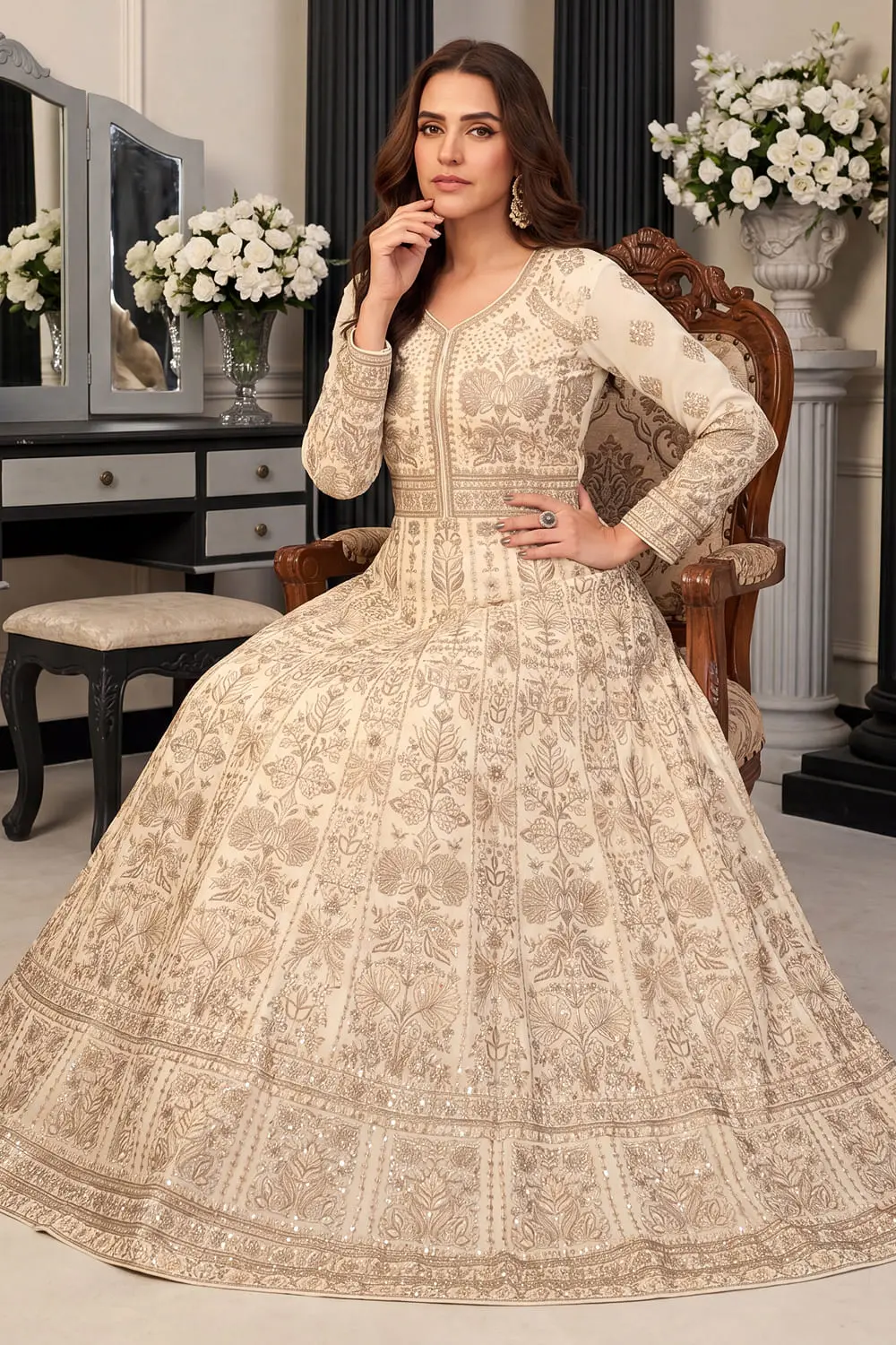 Beige georgette anarkali gown with chinon dupatta seated view