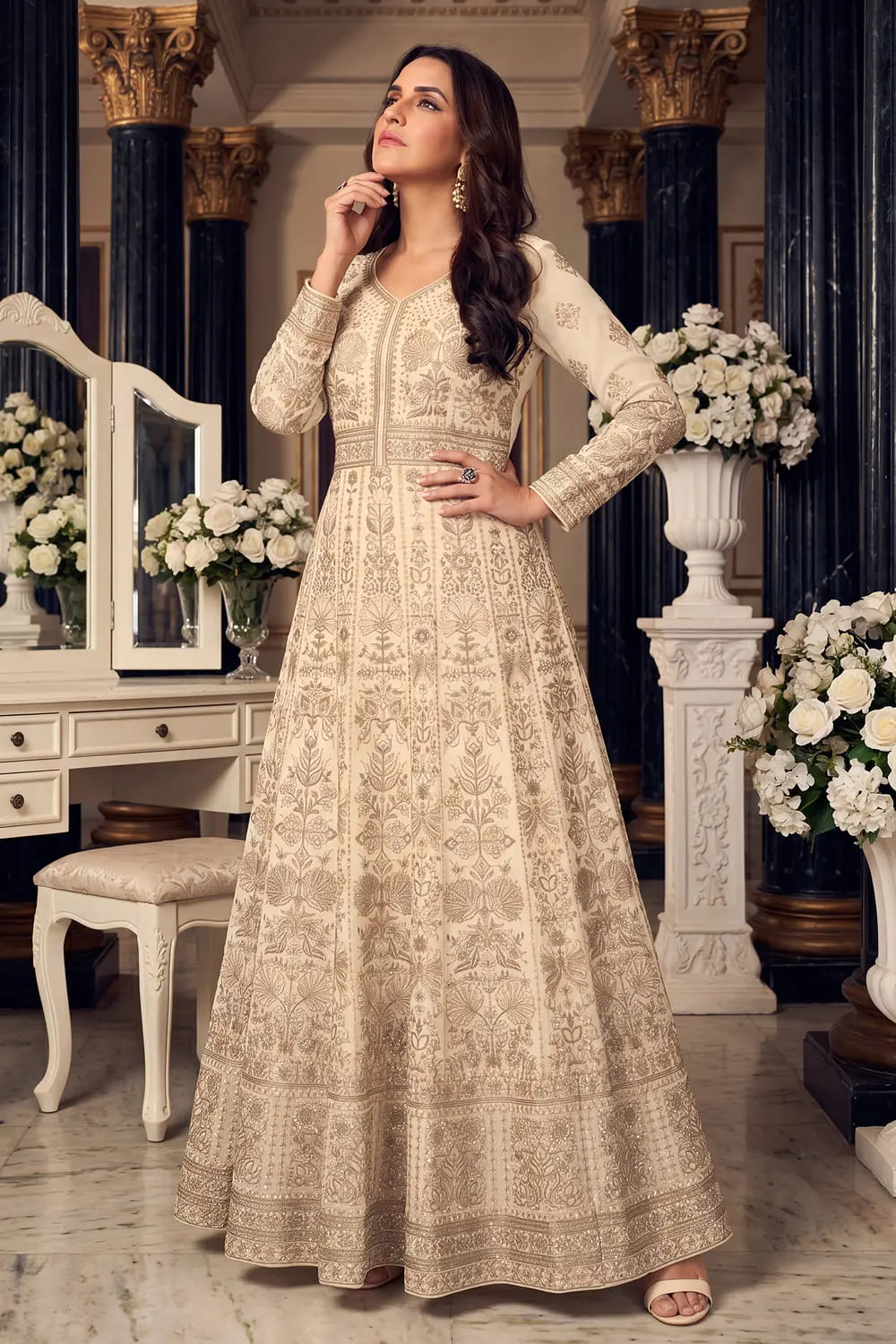 Beige anarkali gown skirt hem with georgette flare and embroidery