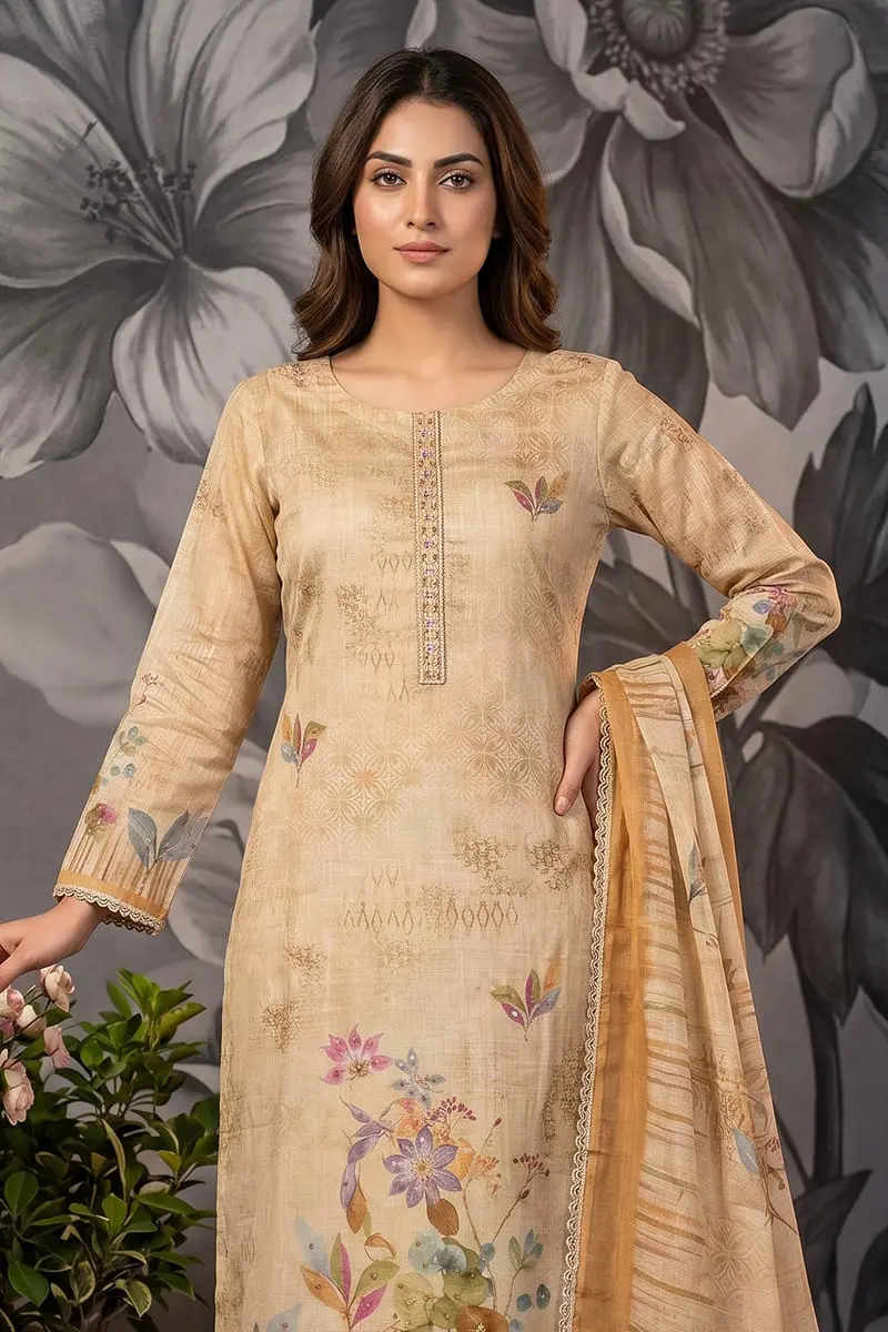 Close up of shimmer print and handwork on yellow cotton linen kurta