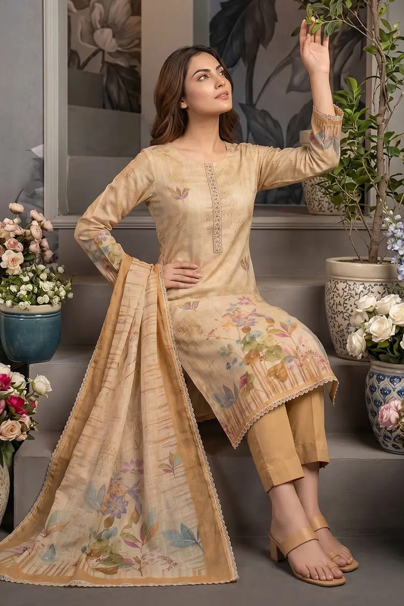Yellow cotton linen kurta set with dupatta and rayon bottom seated view