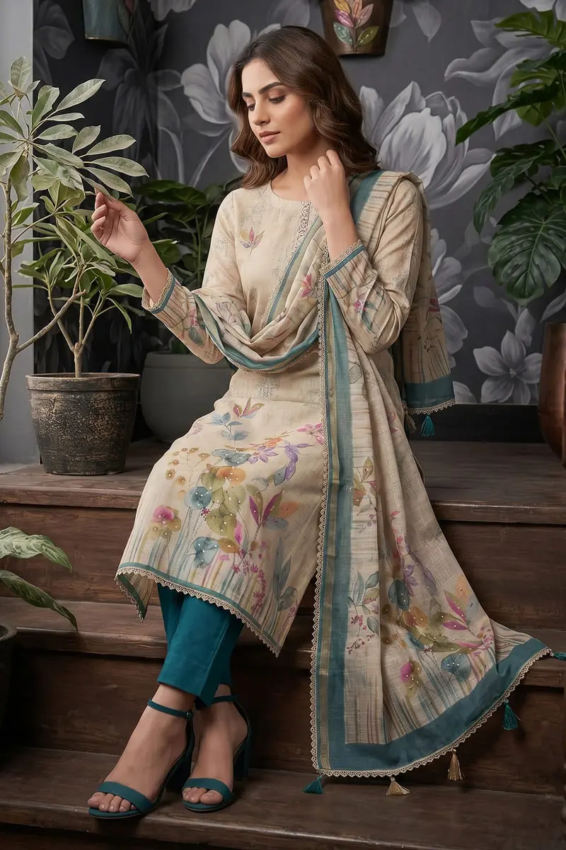 Beige floral tunic with teal trousers and cotton linen dupatta seated view