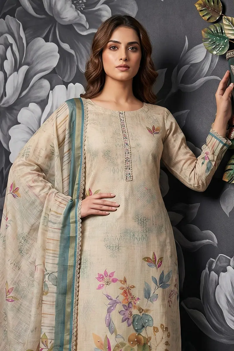 Close up of floral shimmer print and handwork on beige cotton linen tunic