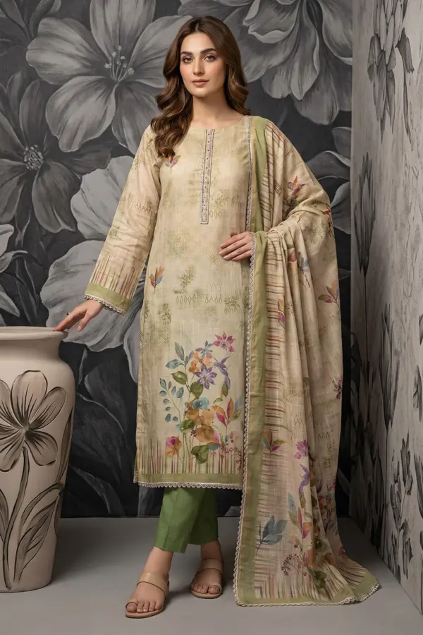 Beige and green cotton linen kurta set with floral kurta and green trousers by Khaish