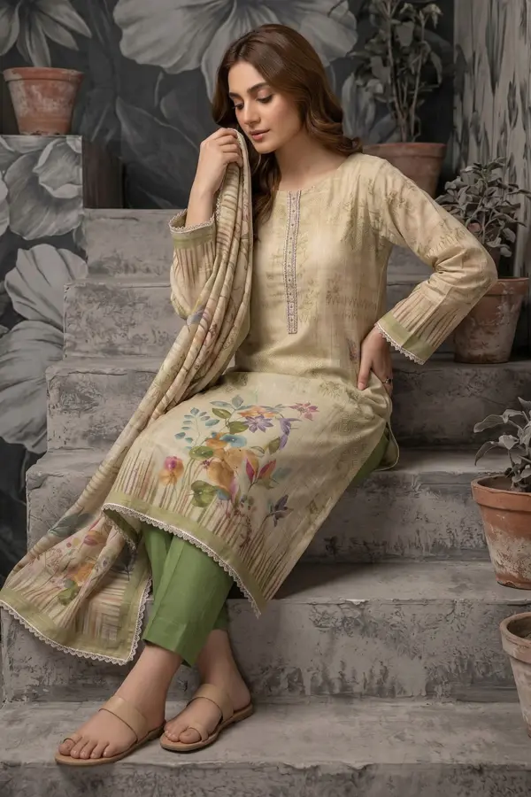 Beige floral kurta with green trousers and cotton linen dupatta seated view
