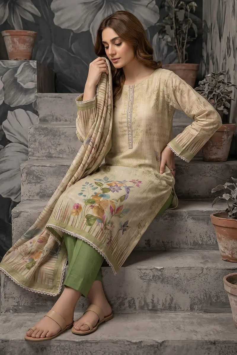 Beige floral kurta with green trousers and cotton linen dupatta seated view