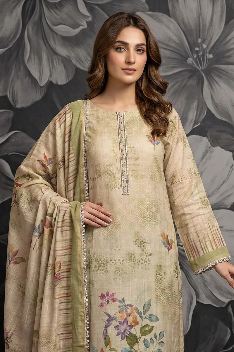 Close up of floral shimmer print and handwork on beige cotton linen kurta
