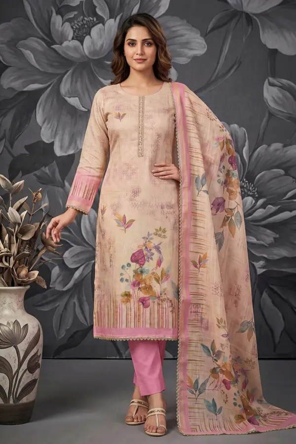Beige and pink cotton linen kurta set with floral kurta and pink trousers by Khaish