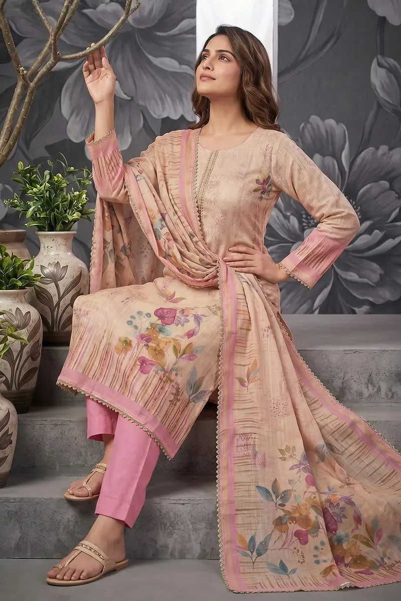 Beige floral kurta with pink trousers and cotton linen dupatta seated view