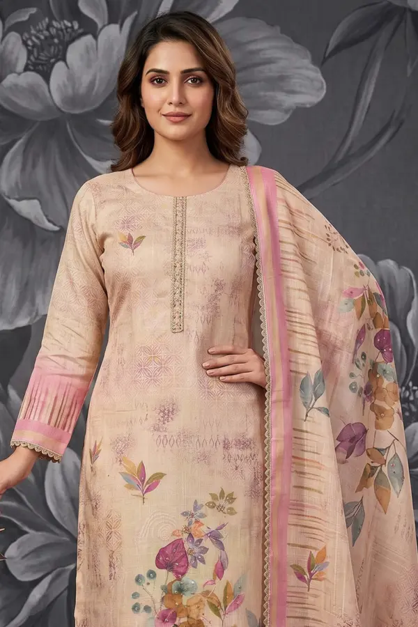 Close up of floral shimmer print and handwork on beige cotton linen kurta