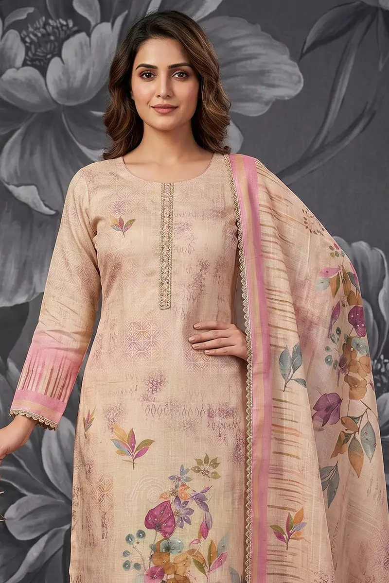 Close up of floral shimmer print and handwork on beige cotton linen kurta