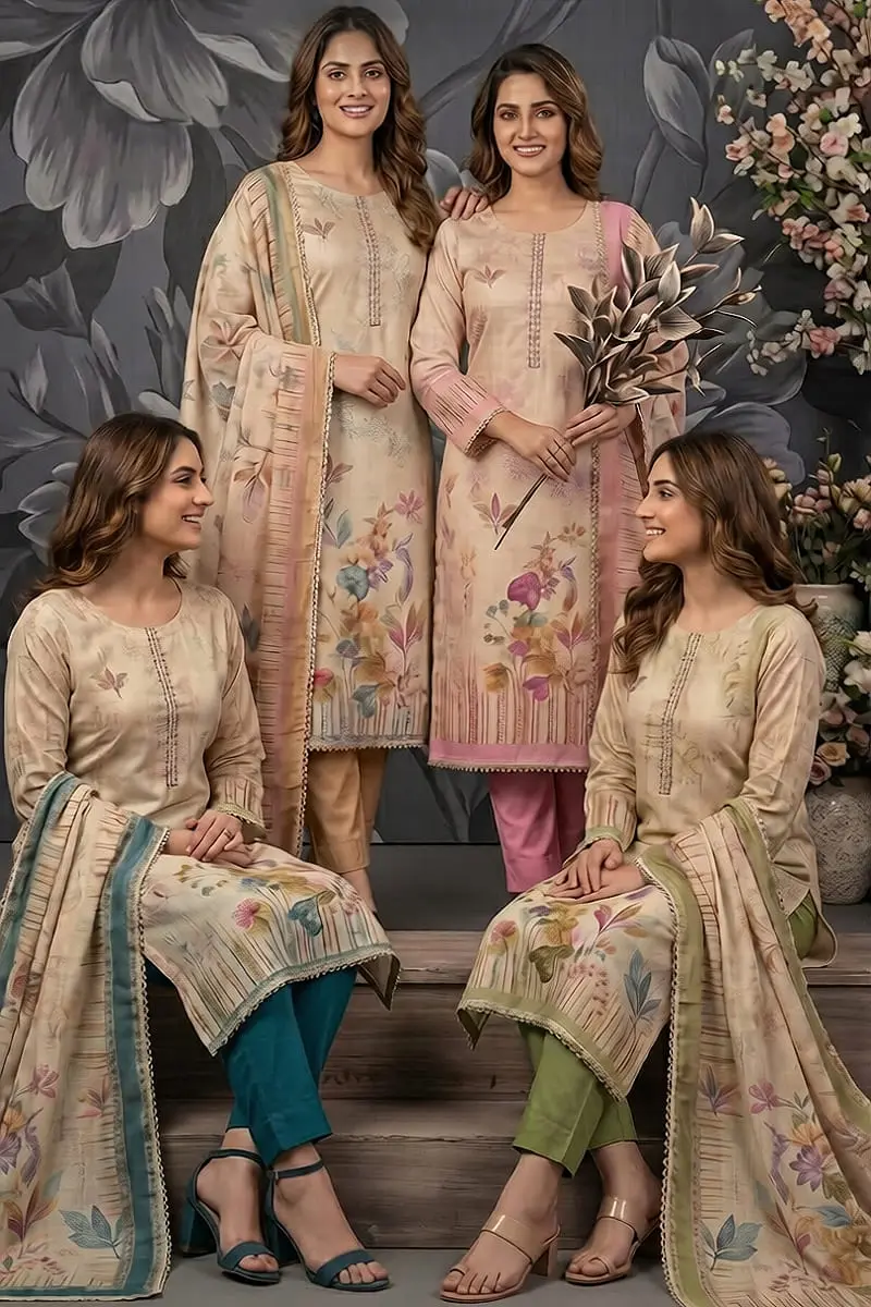 Beige floral cotton linen kurta sets in yellow, teal, green and pink colourways