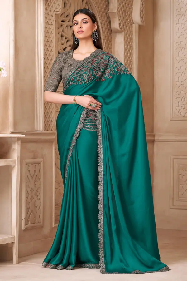 Teal green silk saree for party in satin silk with Tussar blouse by Khaish