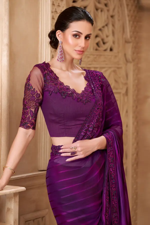 Deep purple satin georgette saree styled with Tussar silk blouse