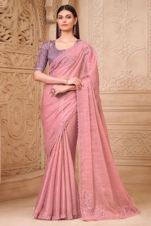 Pink georgette saree for sangeet in pink crush satin georgette by Khaish