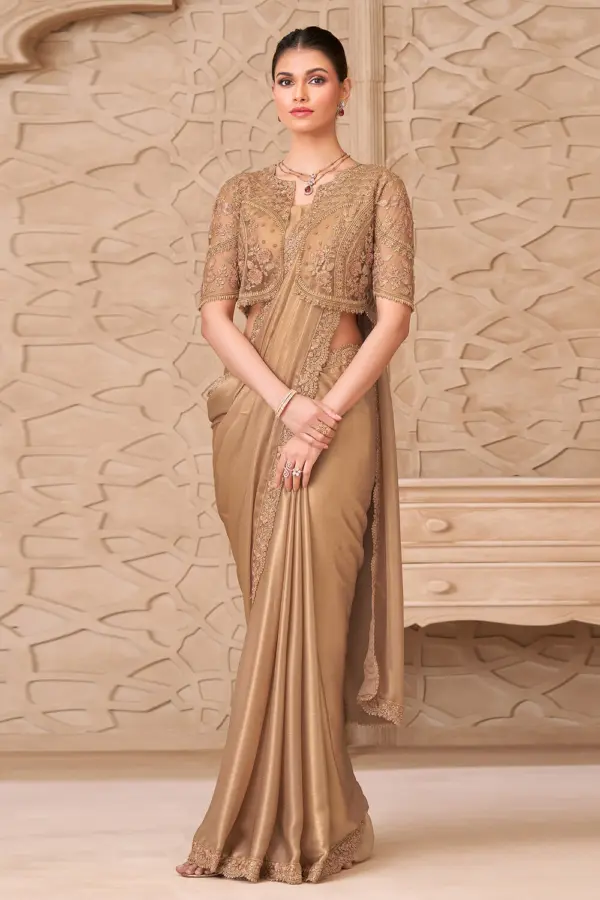 Gold Shimmer Satin Georgette Saree & Jacket Blouse front view