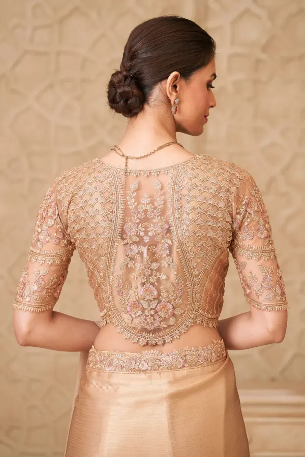 Back view of Gold Shimmer Satin Georgette Saree & Jacket Blouse