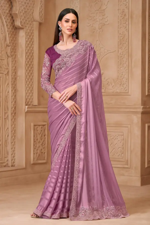 Lavender Satin Georgette Pattern Saree front drape view