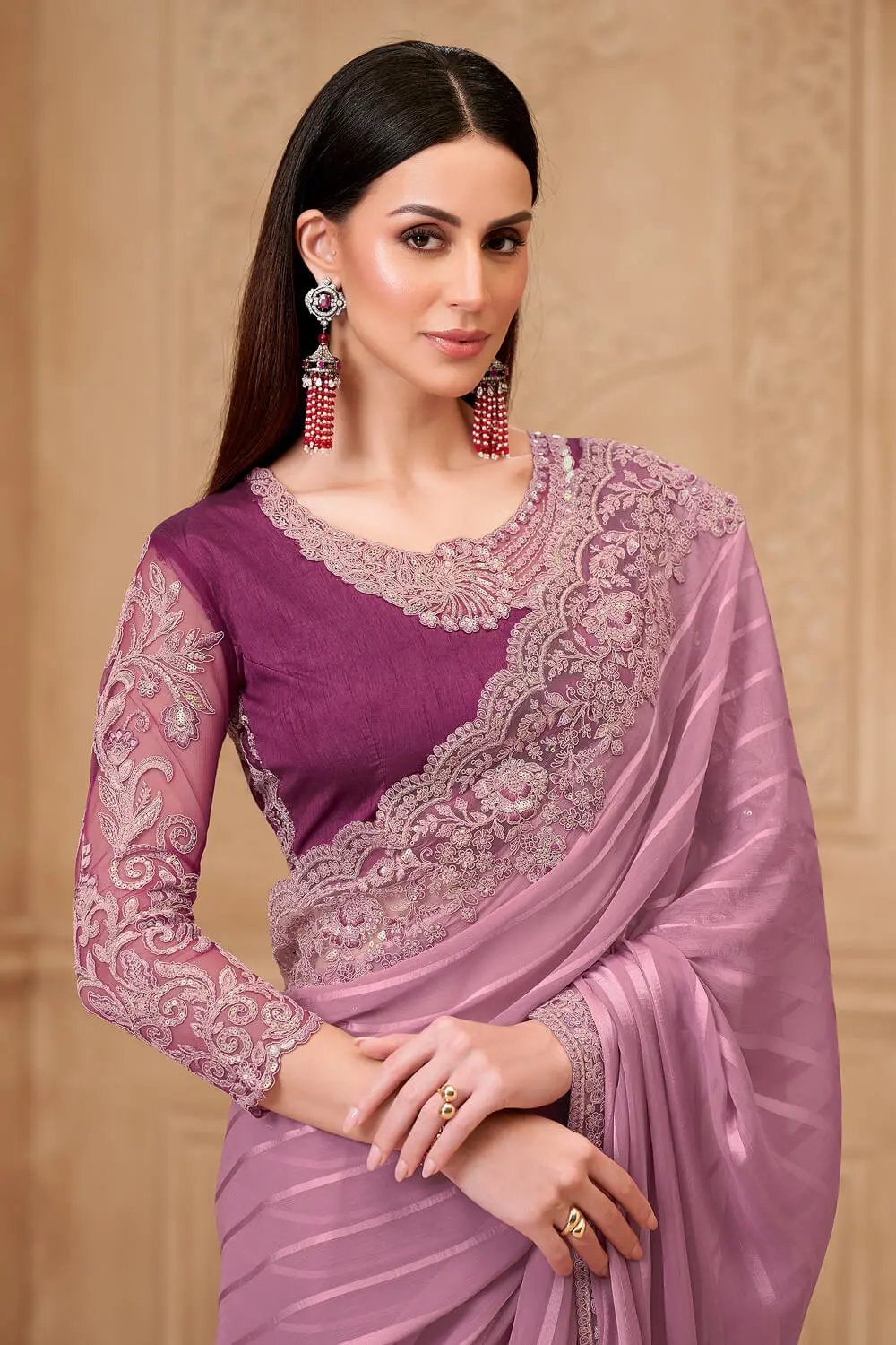 Tussar silk blouse piece with lavender patterned saree