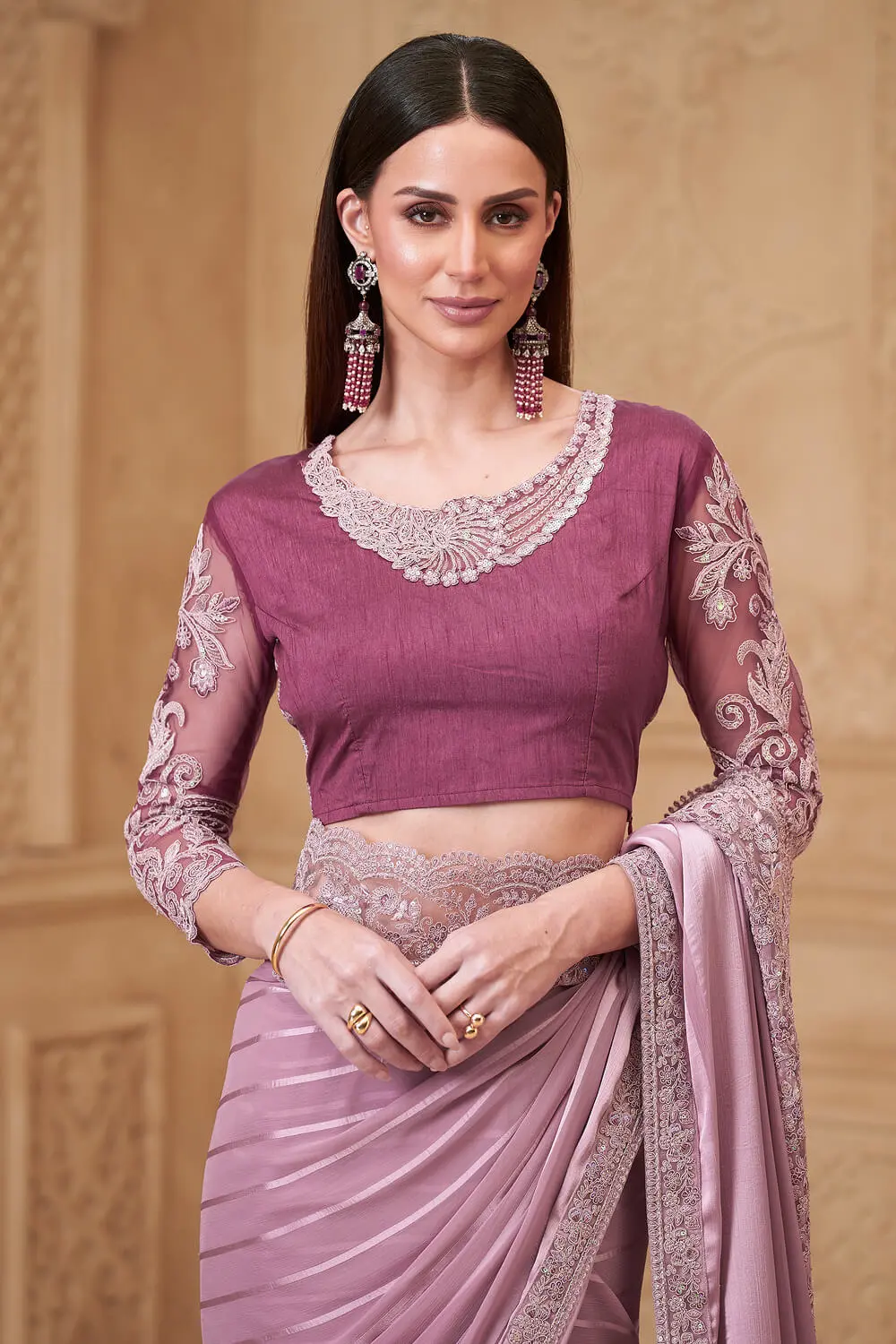 Close-up of embroidery on Lavender Satin Georgette Pattern Saree