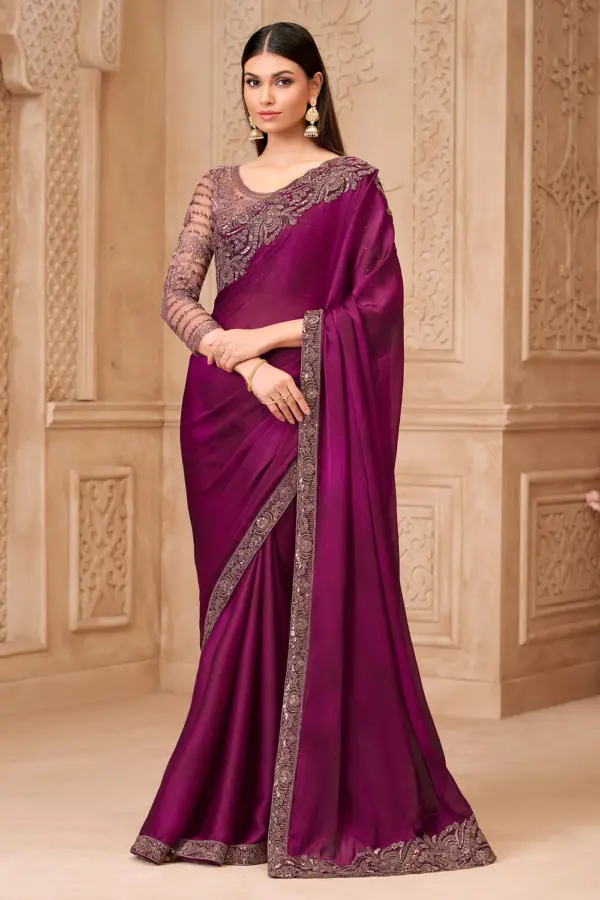 Wine Satin Georgette Embroidered Saree front drape with brocade blouse
