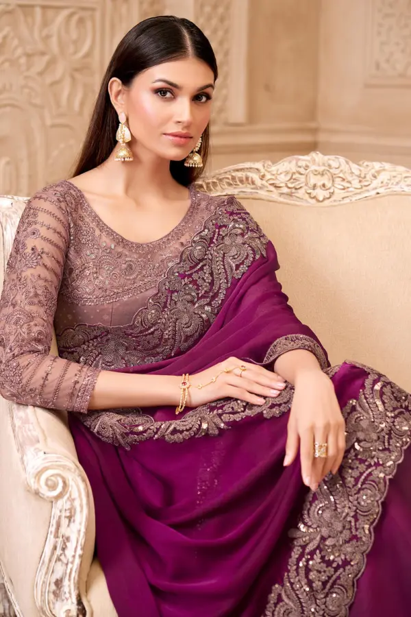 Embroidery detail on Wine Satin Georgette Embroidered Saree border