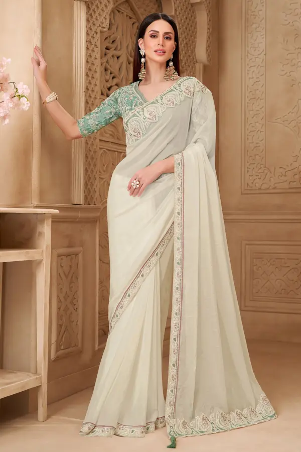 Powder White Satin Georgette Embroidered Saree front drape view