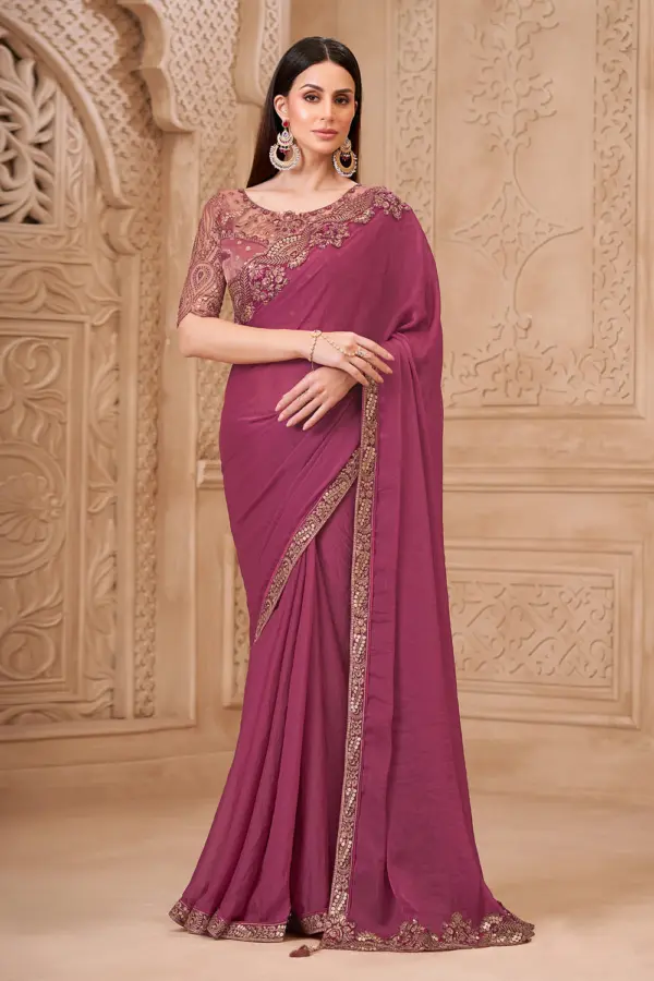 Rouge Pink Satin Georgette Embroidered Saree front drape with satin silk blouse