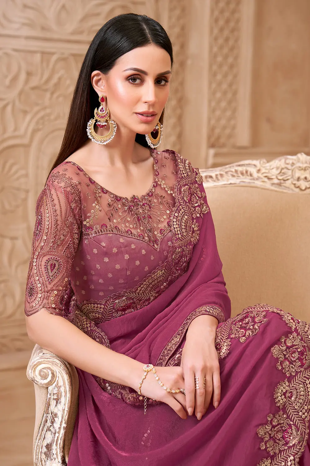 Satin silk blouse paired with Rouge Pink Satin Georgette Embroidered Saree