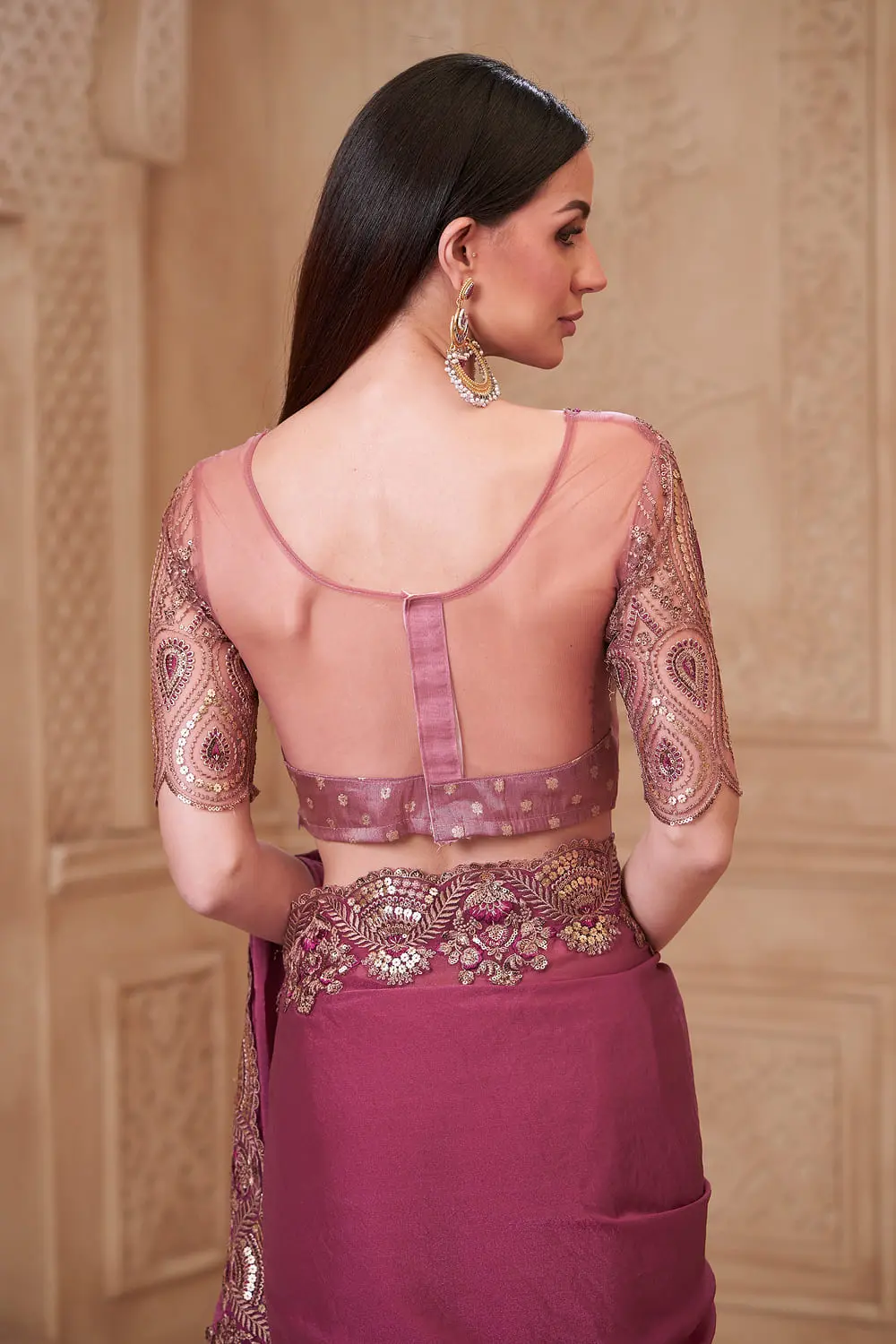 Back pallu view of Rouge Pink Satin Georgette Embroidered Saree