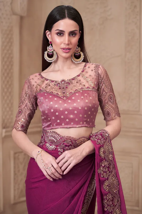 Embroidery detail on Rouge Pink Satin Georgette Embroidered Saree border